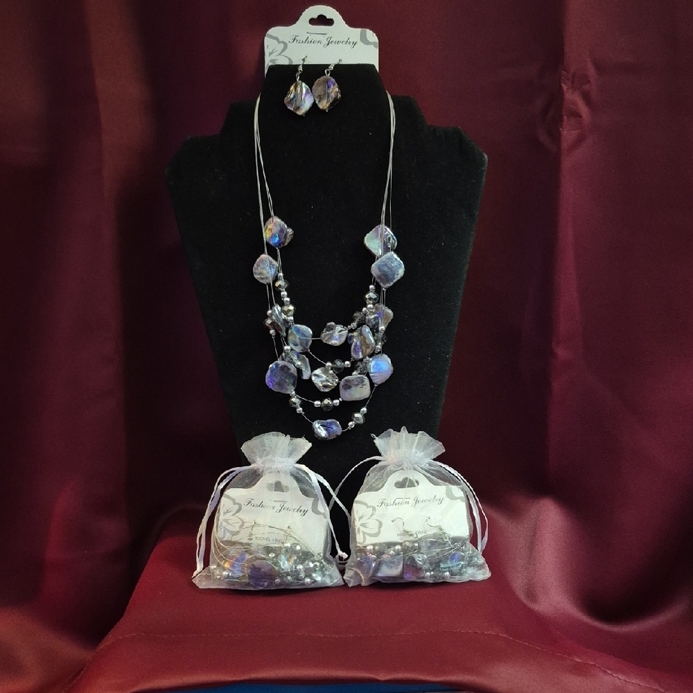 Fashion Jewelry Shimmery Silver/Purple/Pink/Blue Necklace & Earring Set (J26)